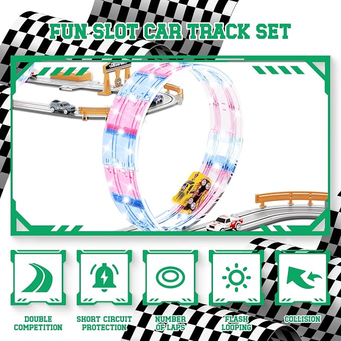 18.04ft 2-in-1 Slot Car Track Sets Toy - with 4 Cars, Battery or Electric Car Track Set with Dual Racing Game, Flash Circular Track, Lap Counter,Birthday Xmas Gifts Toys for Boys(S2-Charcoal)