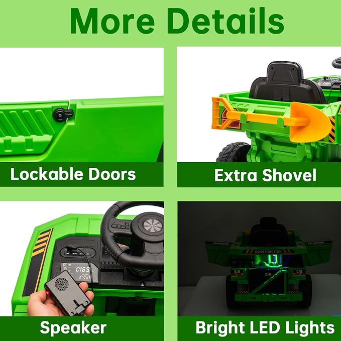 12V Ride On Dump Truck Kids Ride On Car for Kids, Battery Powered Electric Car with Remote Control, Electric Dump Bed, Wear-Resistant Tires, 4 Wheels Tractor Ride On Toys, Green