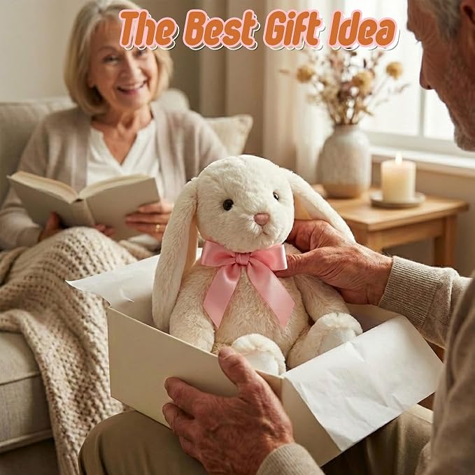 Cream Rabbit Plush Toy Pink Ribbon Bow Floppy Ears Stuffed Animal Easter Basket Stuffers Gifts for Baby Shower Newborn Infant Valentines Day Girlfriend Wife Wedding Love Beige 8 Inch 6.7 oz