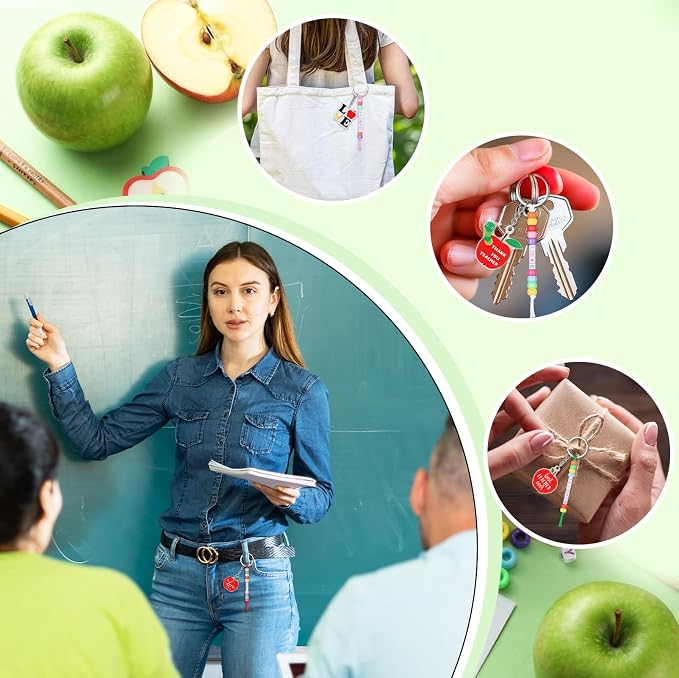 Suncalla 984 Pcs 24 Set Teacher Keychain Making Kit Teacher Charm Gifts Crafts DIY Cute Apple Beads Key Chain Thank You for All You Do Cards Strings Kit Back to School Gift First Day of Party Favors