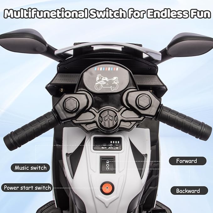 Kids Ride On Motorcycle, 6V Battery Powered Electric Motorcycle, w/Treaded Tires, Horn, Working Headlight, Music, Training Wheels, Stable Ride On Toys for Kids Toddler Boys Girls 3-6, White