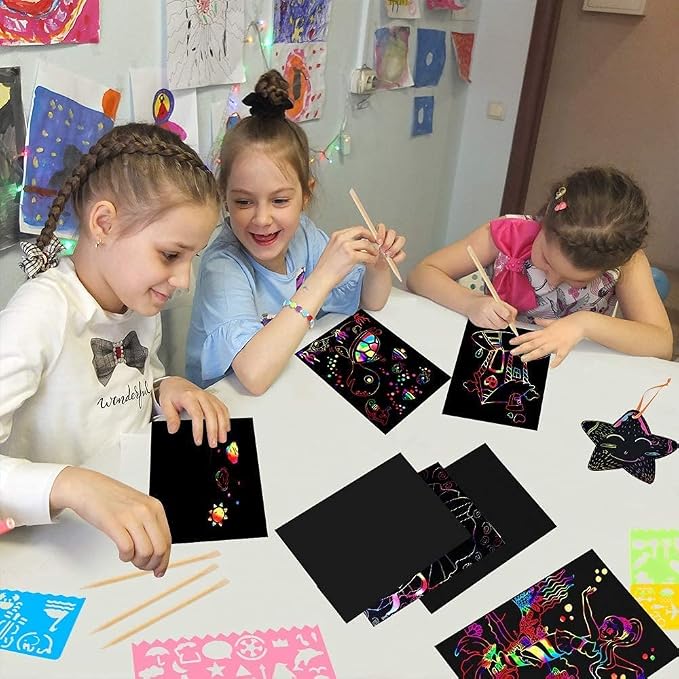 Mocoosy 60 PCS Rainbow Scratch Art Paper for Kids, Magic Scratch Paper Off Set Art and Craft Supplies, Black Scratch Pads Party Game Activities Birthday Gifts for Girls Boys 3 4 5 6 7 8 9 Years Old