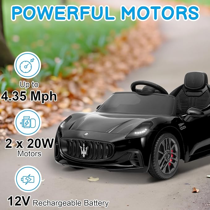 Winado 12V Ride on Car, Licensed Maserati Electric Car for Toddlers W/Remote Control, Battery Car for Kids with Bluetooth, 3 Speeds, LED & Rear Lights, Music & Horn (Black)