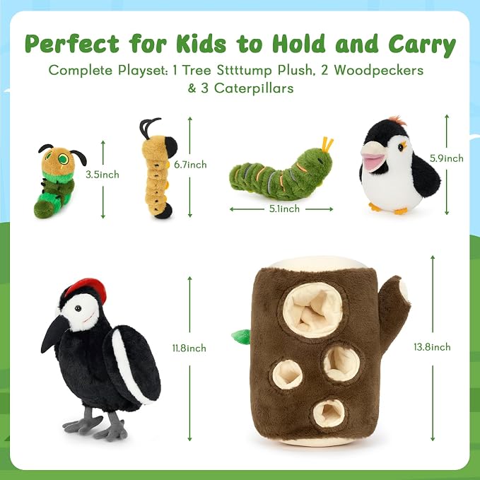 MaoGoLan 6pcs Woodpecker Bird Stuffed Animal Plush Set - Magnetic Stuffed Woodpecker Plush Feeding the Bird Toys for Toddlers, Fun Educational Toys Gift for Toddlers Kids Girls Boys