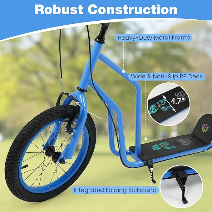 Costzon Big Wheels Kick Scooter for Kids 8+, Youth Scooter with Foldable & Height Adjustable Handlebar, Inflatable Shock Absorption Wheels, Dual Brakes for Teens, Adults, Max Load 220 LBS