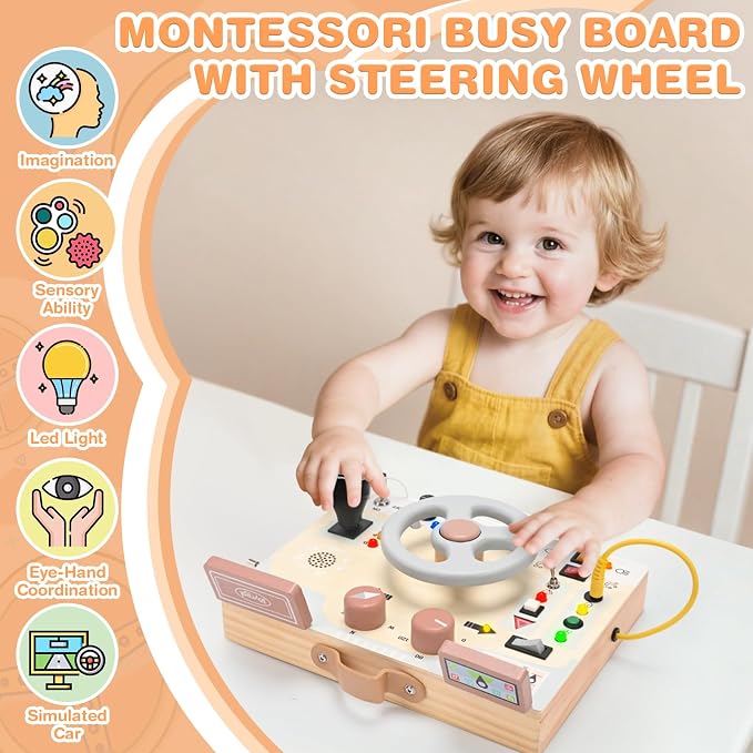 Joyreal Montessori Toddler Busy Board - Montessori Toys for 1 2 3 Years Old, Wooden Sensory Board with LED Lights, Steering Wheel, Music Player, Travel Toys for 1+ Year Old Boy & Girl Birthday Gift
