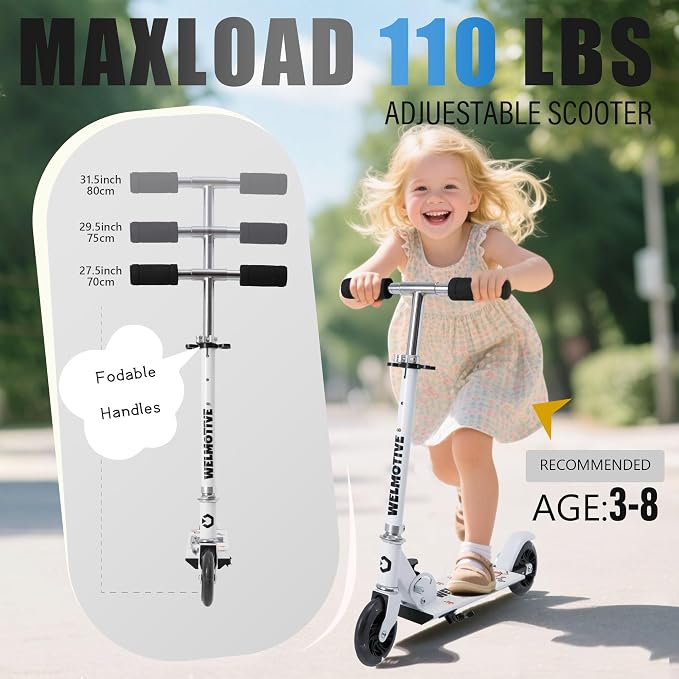 Kick Scooter for 3+Years Old Boys & Girls Lightweight, Foldable, Aluminum Frame, and Adjustable Handlebars, Rear Brake, and Flashing Light up Wheels