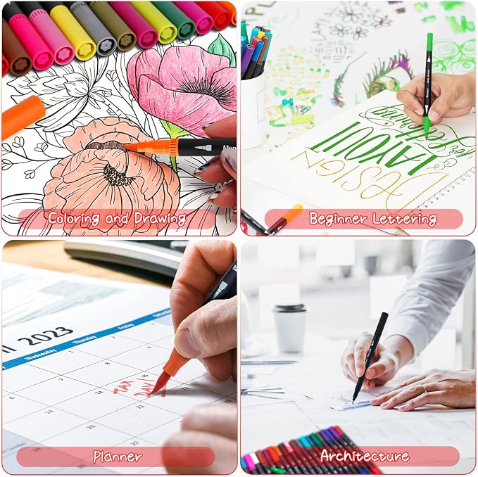 36 Dual Brush Markers for Adult Coloring Books - Fine & Brush Double Pens for Journaling, Calligraphy, Drawing, Art + Craft Supplies for Gifts Trendy Stuff
