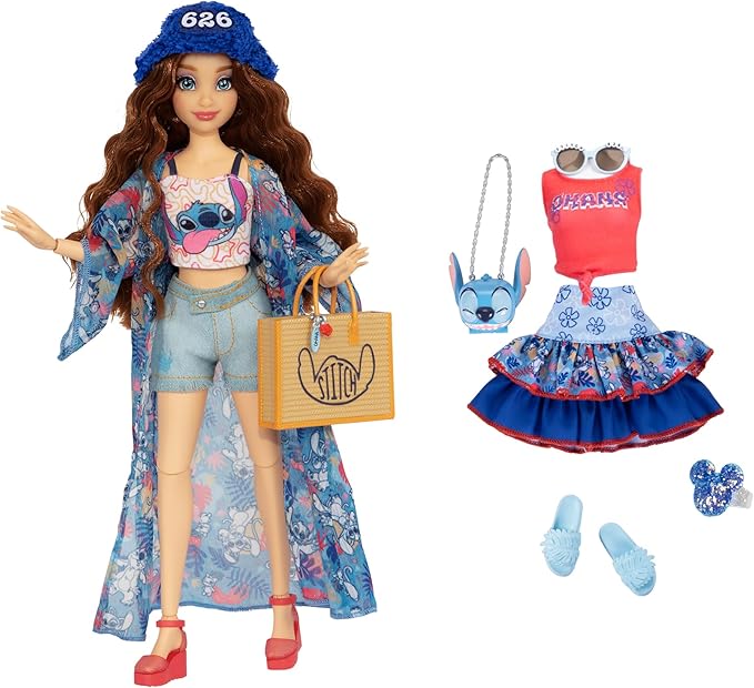 Disney ily 4EVER Dolls Disney 100 - Stitch 11.5" Tall with 13 Points of Articulation, Two Complete Mix-and-Match Outfits and Glittery Mickey Ring for You!