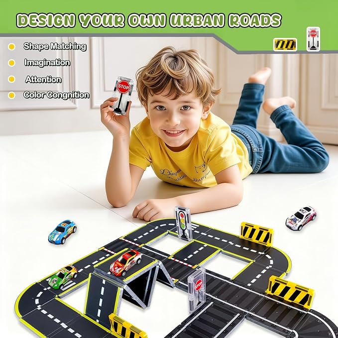 Magnetic Tiles Road Set, 26Pcs Large Double Sided Magnetic Blocks with Pullback Cars & Traffic Signs, STEM Toys for Kids Ages 4-8, Creative Gifts for 3+ Years Old Boys Girls