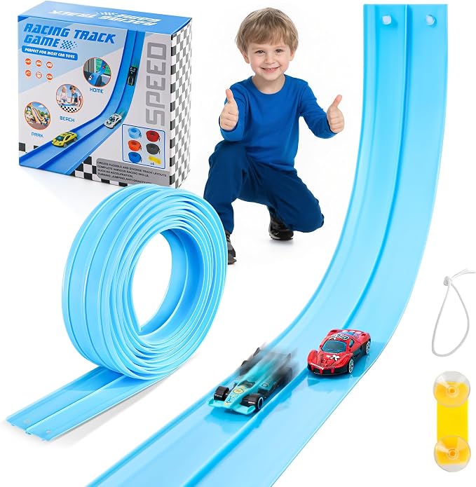 Flexible Race Track for Kids - 15 Ft Flex Track Race Car Tracks with Car Ramp Toy, Fit for Monster Truck Track & Kids' Play Cars, Race Tracks for Toddlers 3+, Gifts for Boys Girls (Light Blue)
