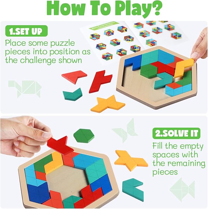 Yunsailing 3 Pack Large Wooden Blocks Puzzles Hexagon Tangram Puzzle Wooden Russian Brain Puzzles for Adult Challenge Teasers Geometric Jigsaw Logic Iq STEM Educational Gift Graduation(Fancy)