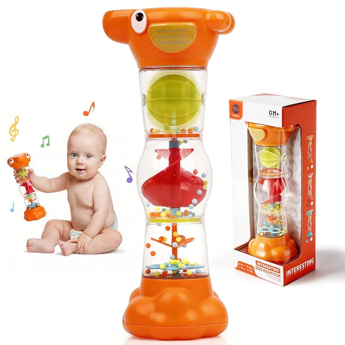 Montessori Baby Toys for 6-12 Months 1 Year Old,Rain Stick Baby Rattle Shaker Infant Sound Toy 9.8” Rainmaker Musical Sensory Tummy Time Toys for 6 7 8 9 10 Months Newborn Toddlers Gifts-Orange