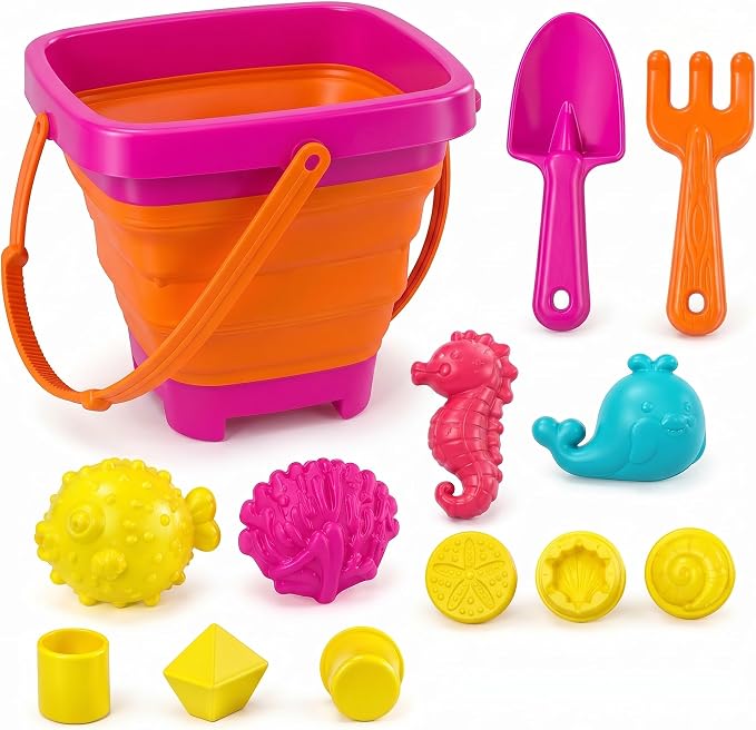 Beach Toys for Kids, 12-Piece Foldable Sand Toy Set, Silicone Beach Bucket, Sand Toys for Toddlers Ages 2-8, Beach Bucket and Shovel Set, Outdoor Beach and Sandbox Toys (Pink Set)