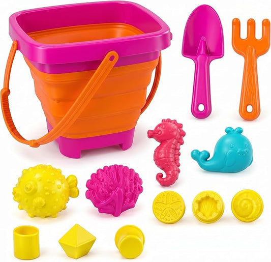 Beach Toys for Kids, 12-Piece Foldable Sand Toy Set, Silicone Beach Bucket, Sand Toys for Toddlers Ages 2-8, Beach Bucket and Shovel Set, Outdoor Beach and Sandbox Toys (Pink Set)