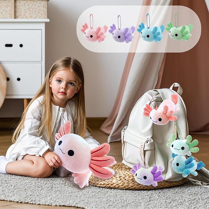 Axolotl Plush，Cute Axolotl Mommy Stuffed Animal with 4 Baby Axolotl Plushies in Tummy，Kawaii Axolotl Plush Toy Gift for Kids Girls Boys