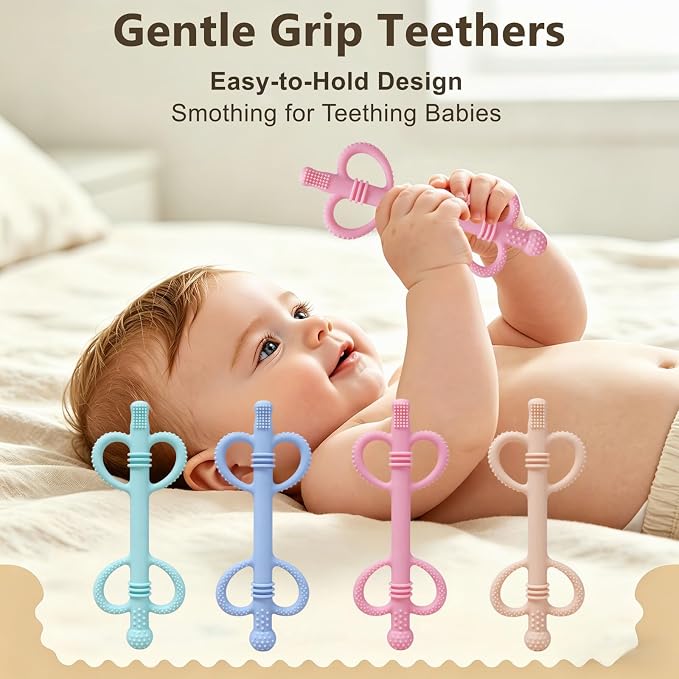 4 Pack Sensory Silicone Teething Tubes, Baby Teether Toys with Easy-Hold Love Handle, Dual-Sided Textures, Soothe Sore Gums, BPA-Free Teething Chew Straws for 3+ Months Infants (Style B)