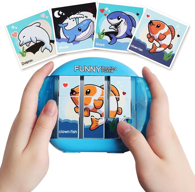 Rotating Puzzle for Kids 3 4 5 6 7 8 Year Old, 4 Puzzles in 1, Toddlers Travel, Car, Airplane, Road Trip Activities, Fine Motor Skills, Fidget, Gift for Boys & Girls Ages 3+(Fishes