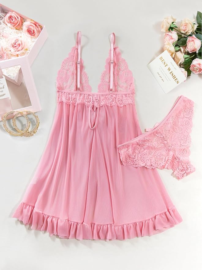 Foxiny Sexy Open Front V Neck Ruffle Sheer Mesh Lace Wireless Babydoll Lingerie Dress with Thong 2 Piece