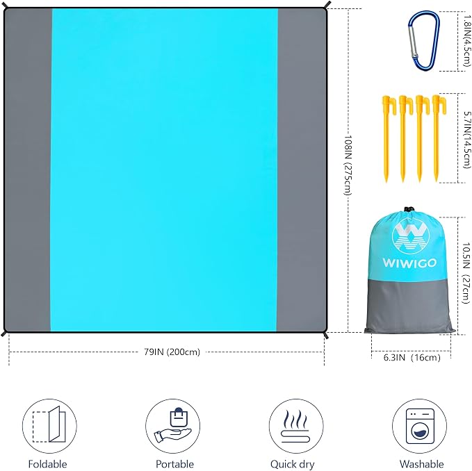 WIWIGO Beach Blanket Waterproof Sandproof Beach Mat 79" X 83"/10'x9'for 2-8 Adults Quick Drying Outdoor Picnic Mat Beach Accessories for Travel, Camping, Hiking