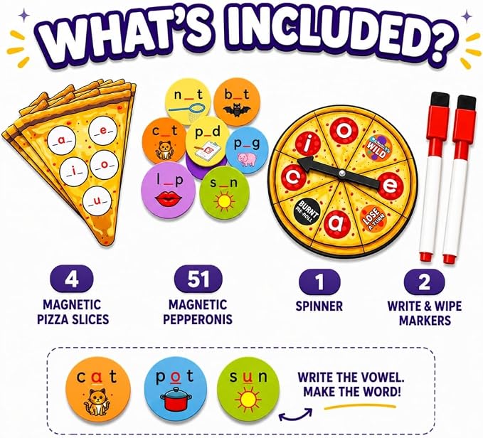 Pidoko Kids Phonics CVC Word Game - Magnetic Write & Wipe Vowels - Spelleroni Pepperoni Preschool & Kindergarten, Homeschool, Speech Therapy for Ages 3+
