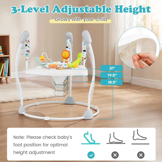 BABY JOY Baby Activity Center, Baby Jumpers and Bouncers with Music, 360° Rotating Seat, 3 Adjustable Heights, Montessori-Inspired Activity Center for Baby 7-15 Months (White)