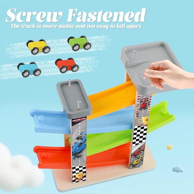 Wooden Car Ramp Toy Set, Montessori Ramp Set Includes 4 Mini Cars and Track — Educational Gift for Boys and Girls 3+ Years Old