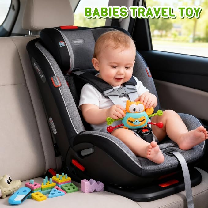 Montessori Baby Toys for 6-12 Months,Babies Travel Toy Set with Stacking Blocks, Pull Teether, Sensory Shape Sorter, Drawing Board & Harmonica, Infant Learning Gift for Toddler 1-3 Year Old