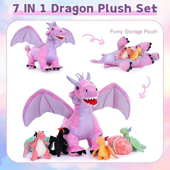 Muiteiur 7 Piece Dragon Stuffed Animals, 21.6 inch Soft Plush Pink Dragon with 4 Baby Toys and 2 Eggs, Gift for Kids Boys Girls