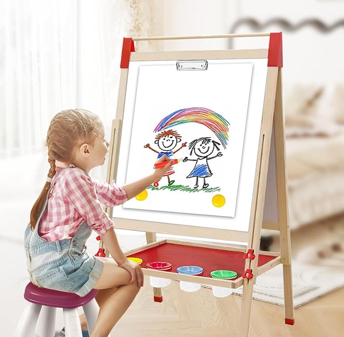 Double-Sided Chalk & White Board Magnetic Art Easel for Kids, Adjustable Height Wooden Easel with Alphabet Numbers, Paper Roll, Educational Toys for Toddlers