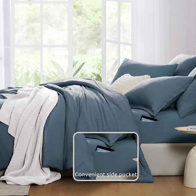 WRENSONGE King Size Comforter Set- 7 Pieces Soft Oxford Blue Bed in a Bag King with Fitted Sheet, Flat Sheet, 2 Pillow Shams, and 2 Pillowcases-Warm King Bedding Set for All Season