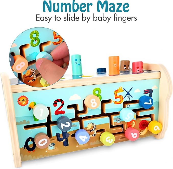 KIDWILL Wooden Hammering Pounding Toy for 12+ Months Kids, Montessori Toys for 1+ Year Old Babies, Early Development Toy with Pounding Bench, Xylophone, Number Sorting Maze, Gifts for Toddlers Age 1-2