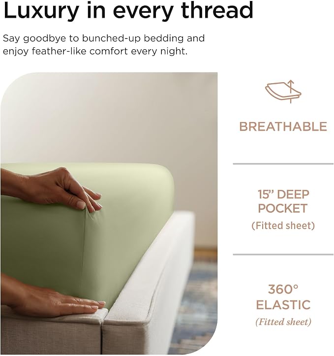 Threadmill 100% Cotton Sheets for Twin Size Bed - 600 Thread Count Twin Bed Sheets Set with 15” Deep Pocket - Sateen Weave 3-Piece Bedding Set with Cooling Effect, Sage Green