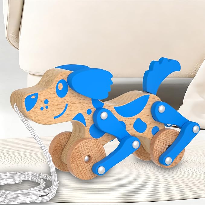 Montessori Toys 1 2 3 4 Years Old Boys Girls Wooden Walking Pull Dog Toy for Baby Toddler, Pull Along Walking Toys, Walk Along Puppy Pull, Wooden Pull & Push Toy (Blue)