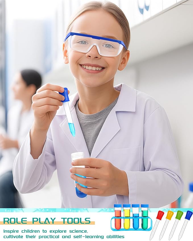 Unittype 6 Set 66 Pcs White Kids Lab Coats Bulk Children Girl Doctor Scientist Costume Lab Coat Goggles Test Tube Eyedropper(M)