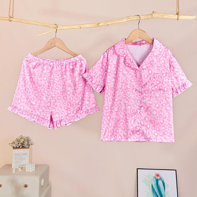 ICOSY Matching Doll & Girls Silk Pajamas Satin Pjs for Girls Button-Down Top and Shorts for 18" Doll Girl Clothes