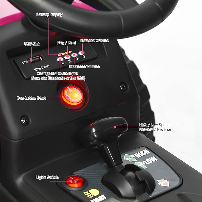 Costzon Ride on Tractor with Detachable Trailer, Kids' Electric Vehicles w/3-Gear-Shift Ground Loader, Wireless Design & USB, 7 LED Headlights, Remote Control Tractor Toy for Kids 3+ (12V, Pink)