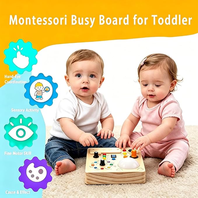Montessori Busy Board for Toddlers 1-3 Year Old, Sensory Activity Toys for Baby Aged 1 2 3 Years Old with LED Light Switches, Wooden Travel Toys for Boys Girls Gift (Tap Light Busy Board)