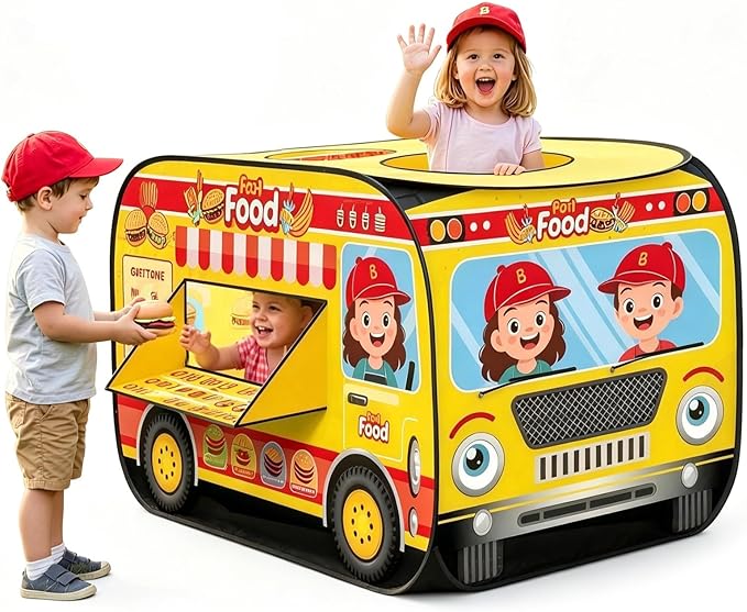 Pop Up Play Tent for Kids, Foldable Playhouse for Aged 3-5 Years Old Boys and Girls, Fast Food Truck, Hamburger Hot Dog Cart Indoor Outdoor Toy Tents for 4 5 6 3+ Kids Toddlers