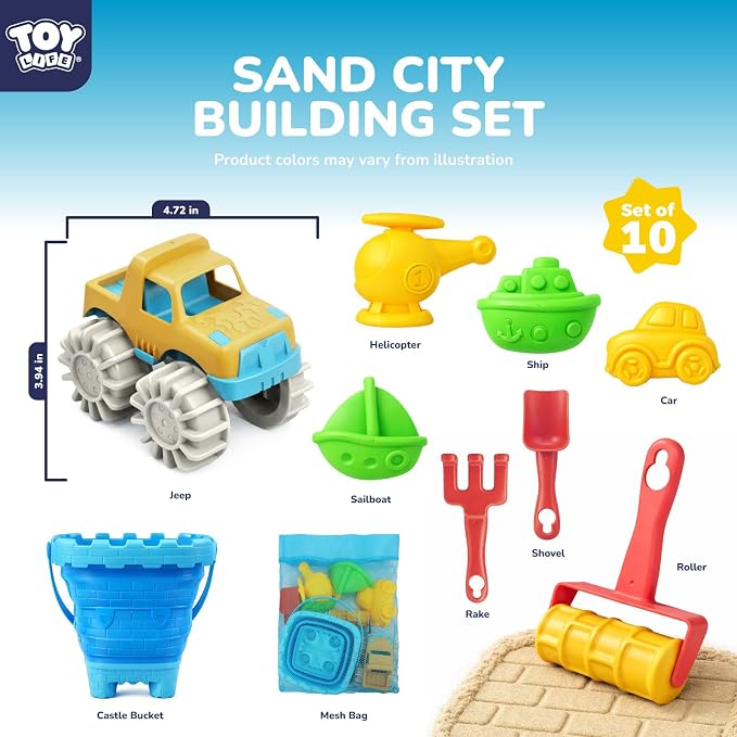 TOY Life Transportation Beach Toys for Kids Ages 3-8, Sand Toys Set with Road Roller, Truck, Vehicle Sand Molds, Collapsible Silicone Bucket, Sand Castle Building Kit for Sandbox Toys Play, Travel