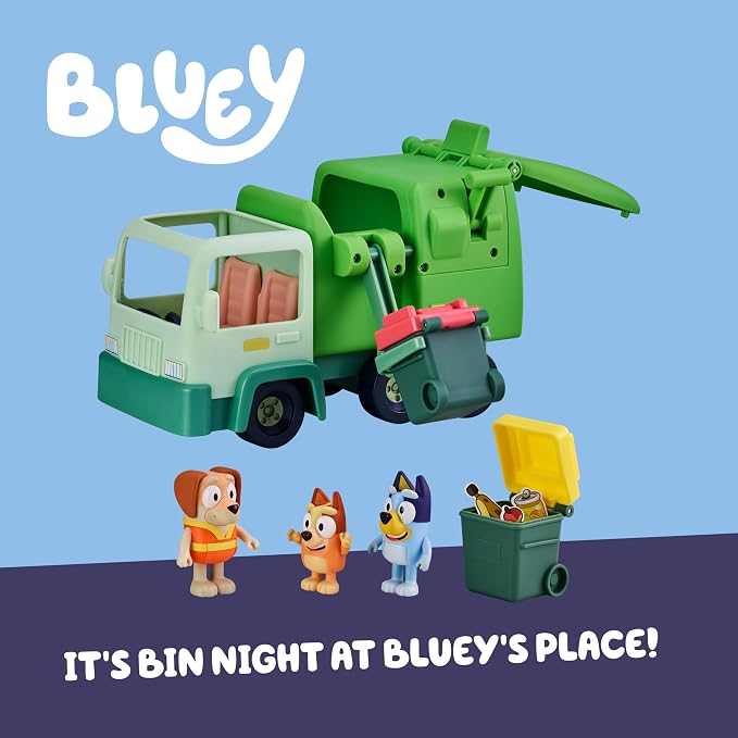 Bluey Garbage Truck Playset, Bingo & Bin Man Figures, Garbage Truck Toys for Boys Age 4-7 w/ Characters, Interactive Lever Action