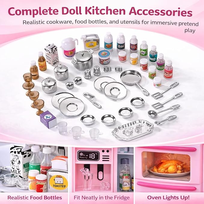 Doll Kitchen Playset for Kids, My Modern Mini Kitchen House Furniture Pretend Play Toy Accessories Set with Realistic Lights & Sounds for Toddlers, Girls (5-in-1 Kitchen Set)