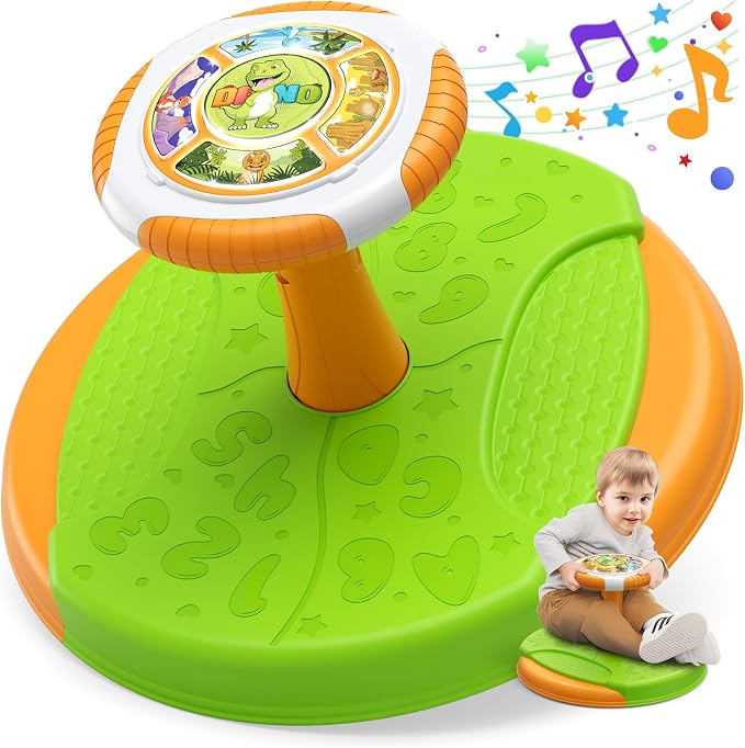 HYES Dinosaur Sit and Spin Toys for Toddlers 1-3 Boys, 360° Toddler Spinning Seat with LED Lights and Music, Sensory Toys Birthday for Kids 3-5