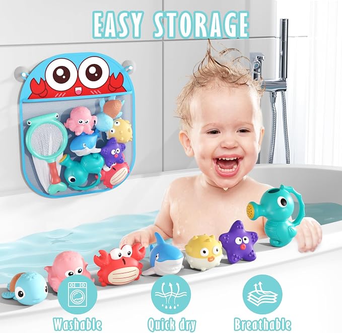 Mold Free Bath Toys for Toddlers 1-3, No Hole Ocean Animal Bathtub and Pool Toys with Mesh Organizer, Sensory Water Toys for Babies 6-12 Months, 9 Pack