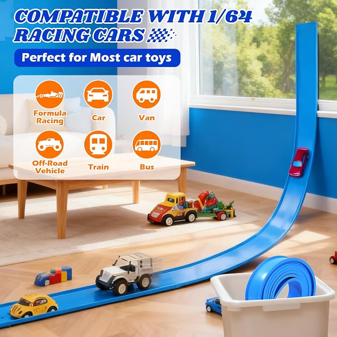 Flex Track 12 Ft Starter Set: Portable Rolls Up Race Tracks for Kids 3+ - DIY Race Car Ramp Track with Suction Cups - Flexible Race Track Compatible with Diecast 1/64th Cars - Birthday Gift for Boys