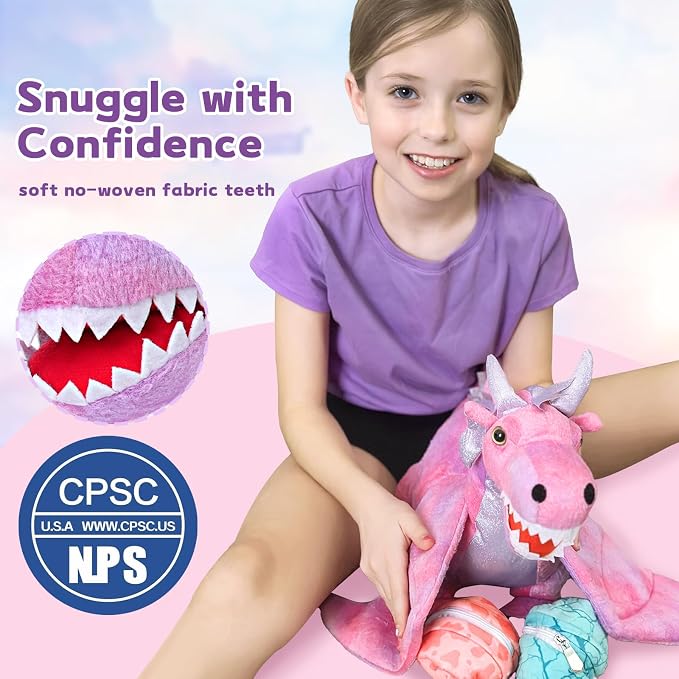 Muiteiur 7 Piece Dragon Stuffed Animals, 21.6 inch Soft Plush Pink Dragon with 4 Baby Toys and 2 Eggs, Gift for Kids Boys Girls