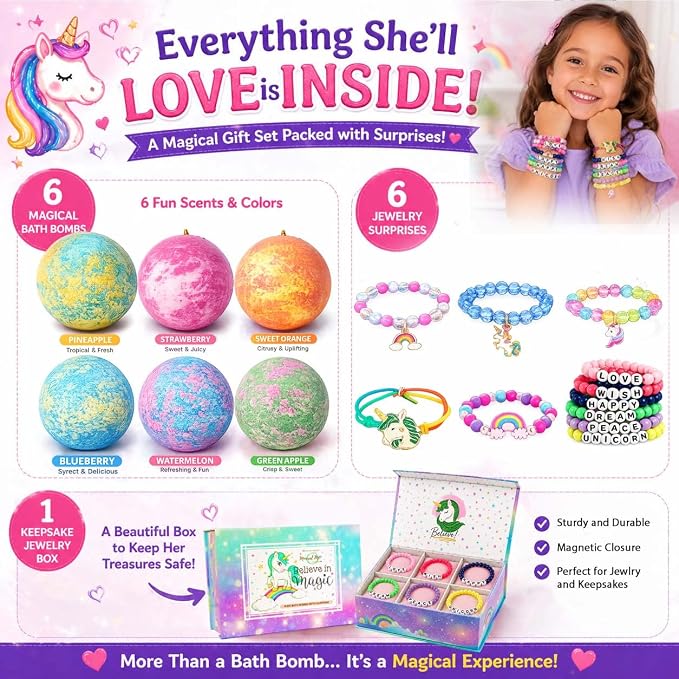 Bath Bombs for Kids with Surprise Inside, Unicorn Bath Bombs for Girls with Jewelry & Jewelry Box for Kids - Organic, Skin Moisturizing, Natural Bubble Bath, Birthday Gifts for Girls