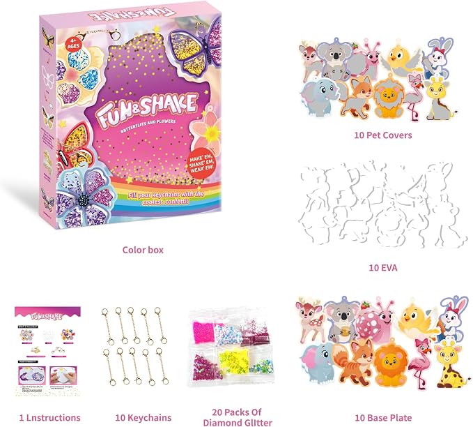 MZYTOZA Fun & Shake DIY Glitter Craft Kit with Keychains for Kids,Art & Craft Activity,Creative Travel Toy, Party Favors & Valentine's Gift for Ages 4-9