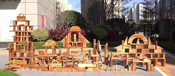 Large Vintage Solid Carbonized Wooden Building Blocks Set for Kids 3-12 Outdoor(57pcs,10.7 lbs), Big Sensory Wood Building Toys for Toddlers, Outside Wooden Blocks for Preschool