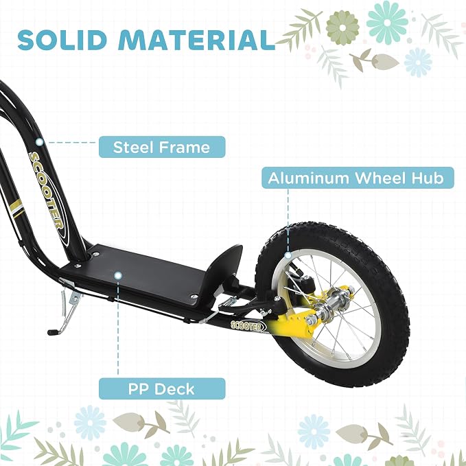 Aosom Kick Scooter with Dual Caliper Brakes, Big Wheels Kick Scooter for Ages 5+, 12-Inch Inflatable Front Wheel, Max Load 220lbs